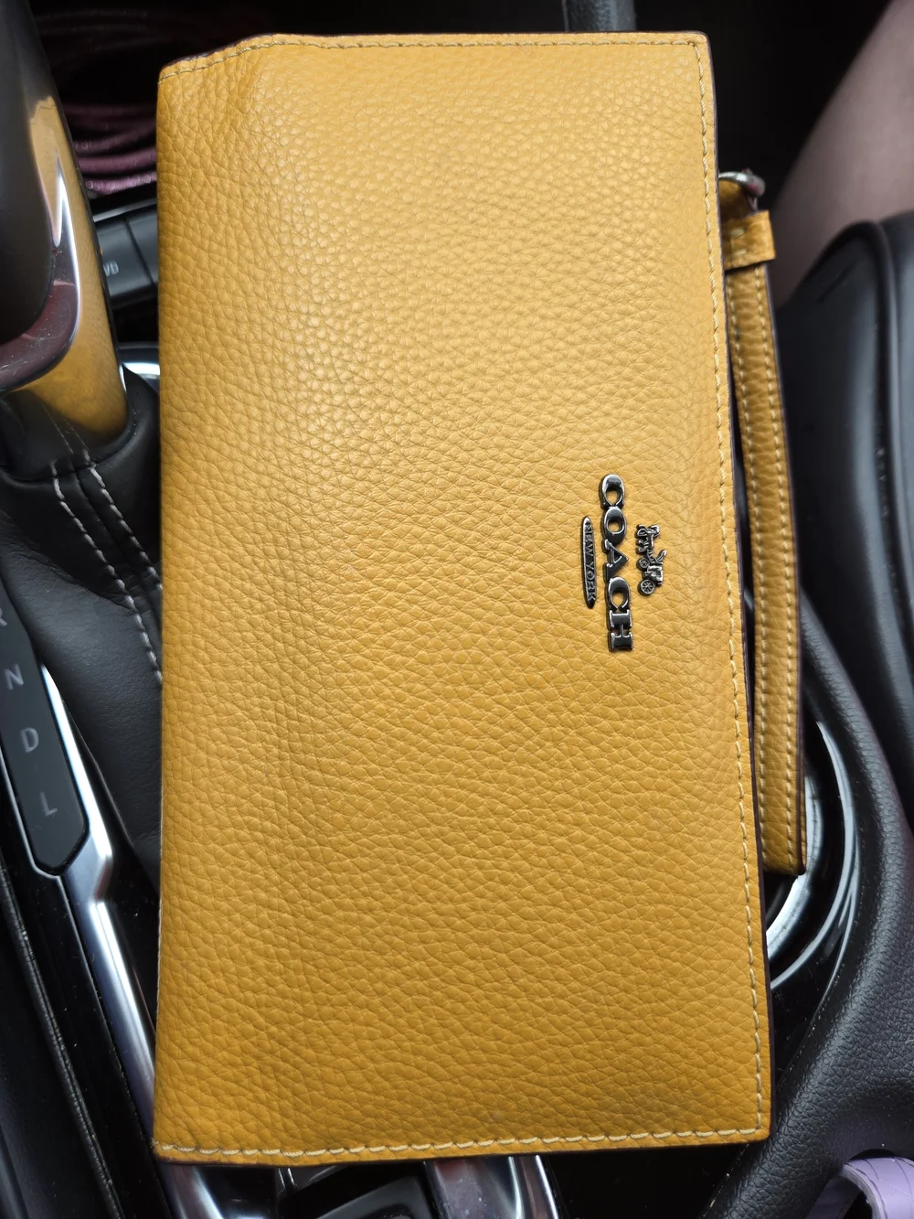 Coach Pebbled Leather Wristlet in Mustard Yellow with Gunmetal Logo